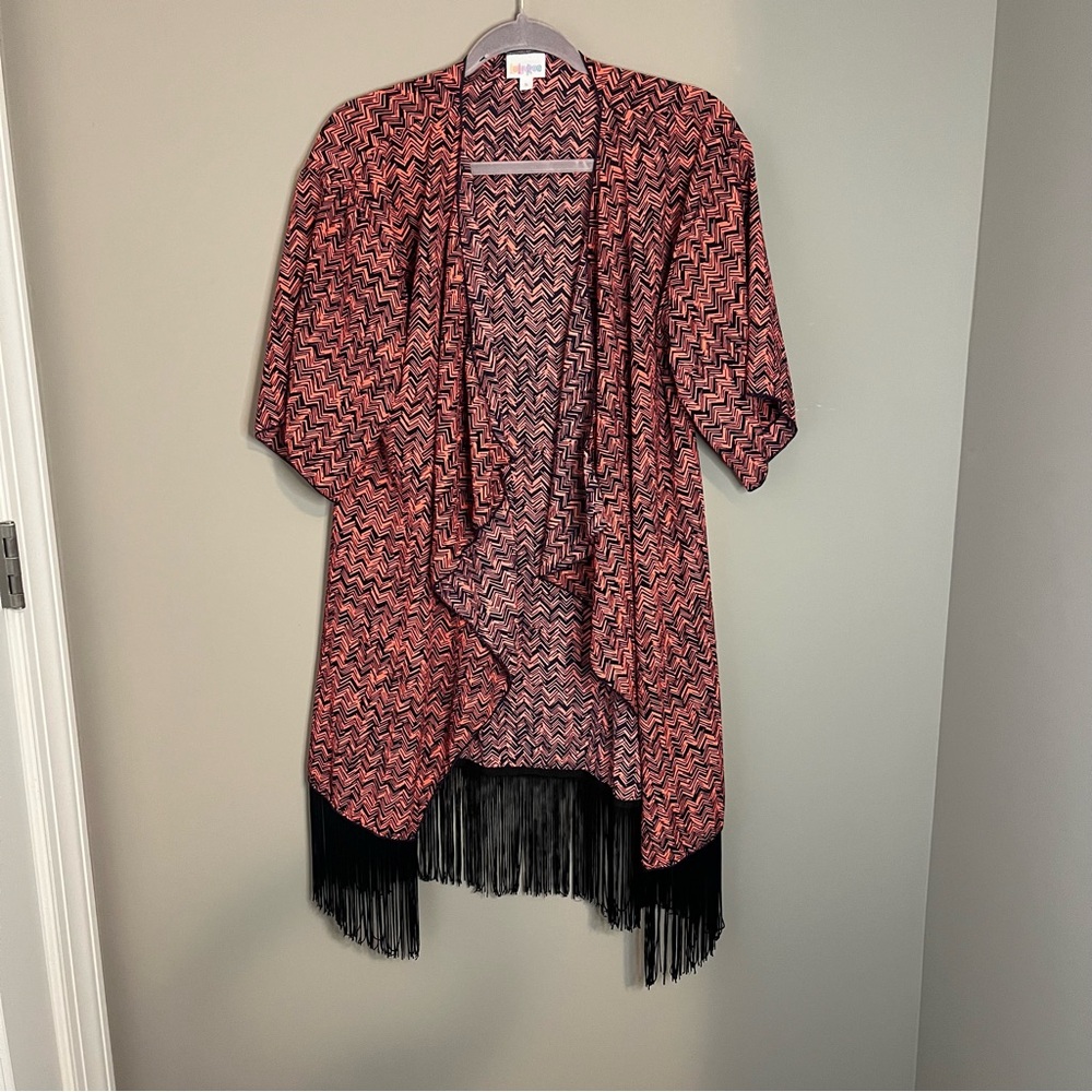 LuLaRoe Black and Pink Open Front Cardigan with Fringe